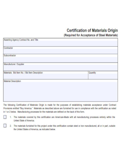 DOT Form of Certification of Materials Origin