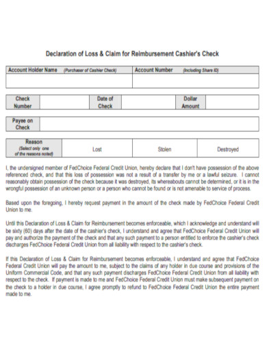Declaration of Loss Claim for Reimbursement Cashier Check