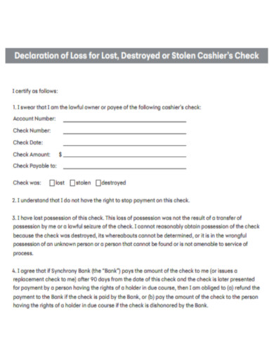 Declaration of Loss or Stolen Cashier Check