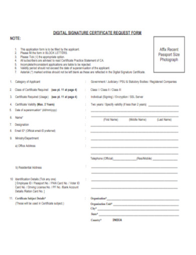 Digital Signature Certificate Request Form