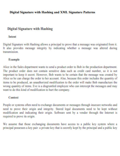 Digital Signature with Hashing and XML Patterns