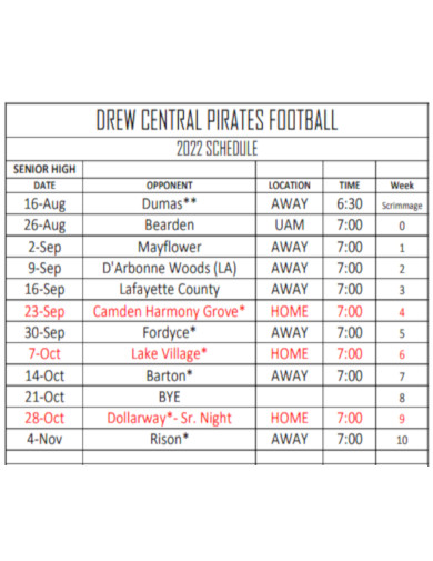 Drew Centeral Pirates Football Schedule