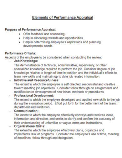 Elements of Performance Evaluation Appraisal