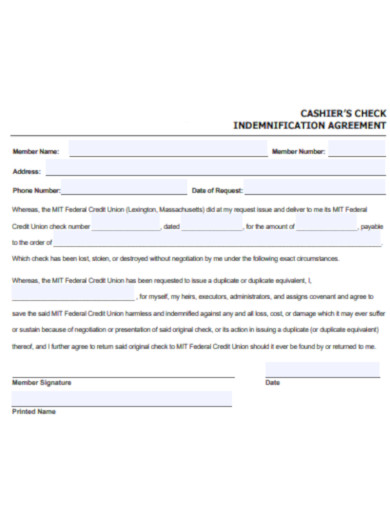 General Cashier Check Agreement
