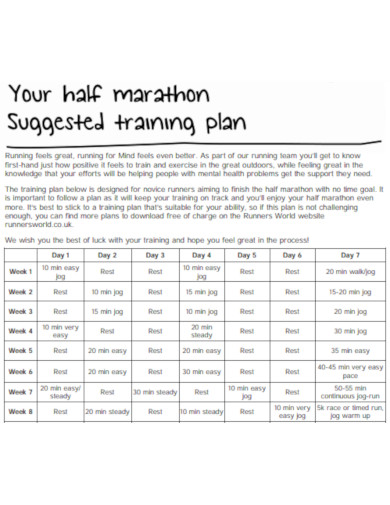 Half Marathon Suggested Training Plan
