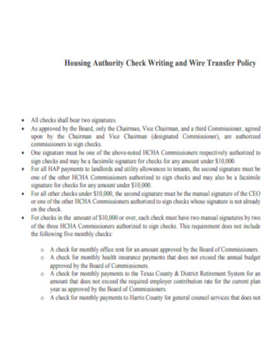 Housing Authority Check Writing and Wire Transfer Policy
