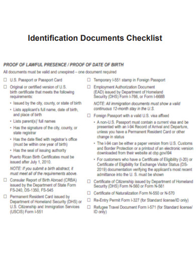 Identification Documents Checklist