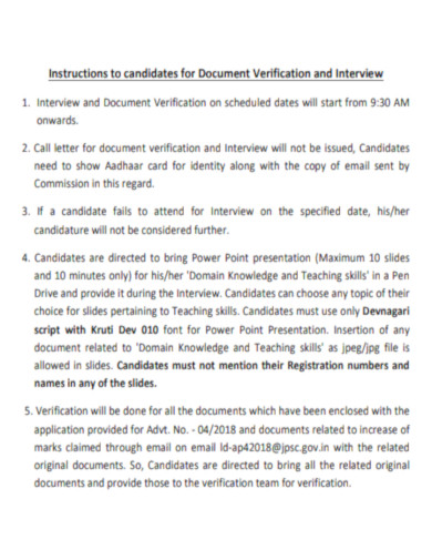 Instructions to candidates for Document Verification