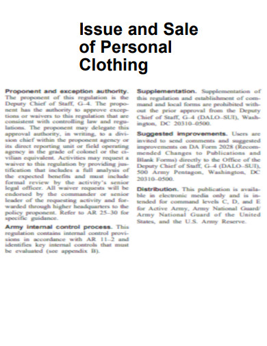 Issue and Sale of Personal Clothing