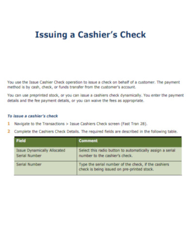 Issuing a Cashier Check
