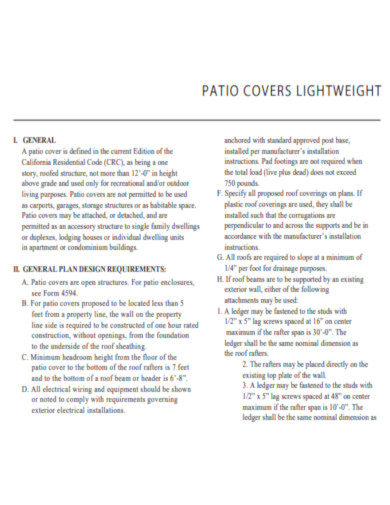 Light Weight Patio Cover Plan