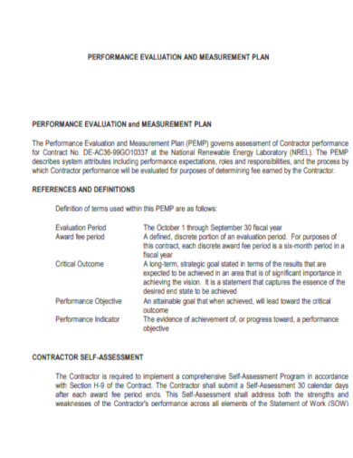 Performance Evaluation Measurement Plan