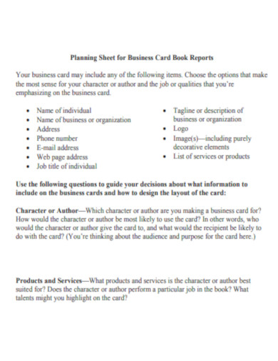 Planning Sheet for Business Card Book Reports