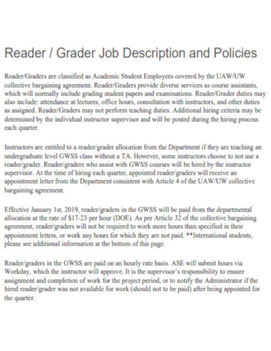 Reader Grader Job Description and Policies