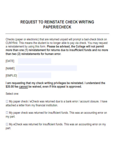 Request to Reinstate Check Writing