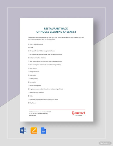 Restaurant Back of House Cleaning Checklist Template