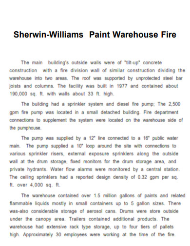 Sherwin Williams Paint Ware House Fire