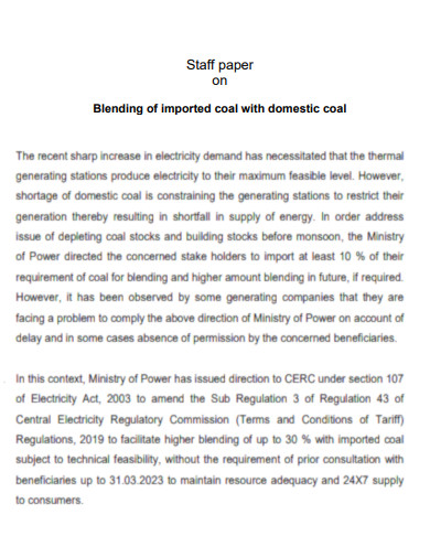 Staff paper on Blending of imported coal