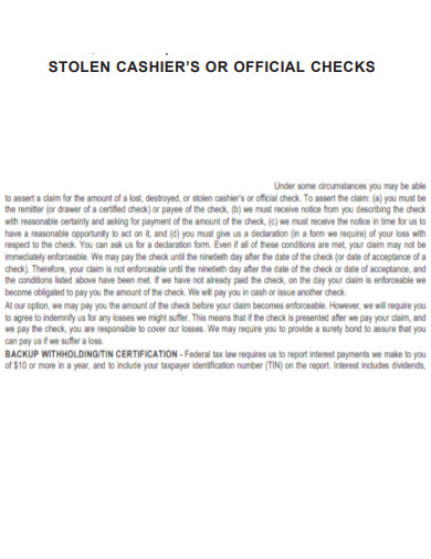 Stolen Cashier Check