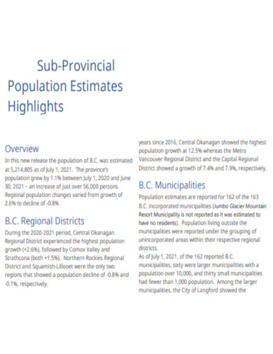 Sub Provincial Population Estimates