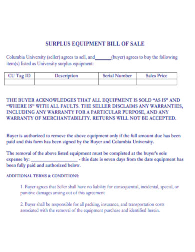 Surplus Equipment Bill of Sale