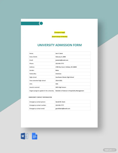 University Admission Form Template