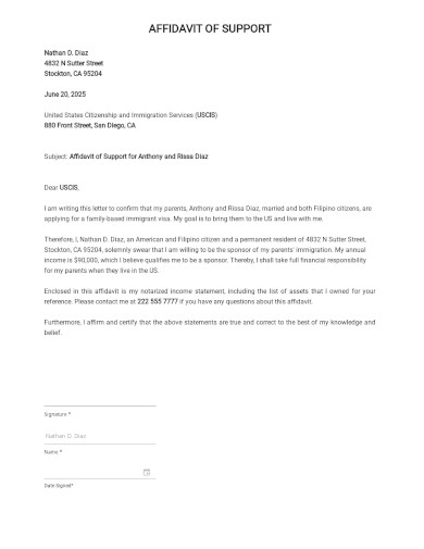 Affidavit of Support Letter for Parents Template