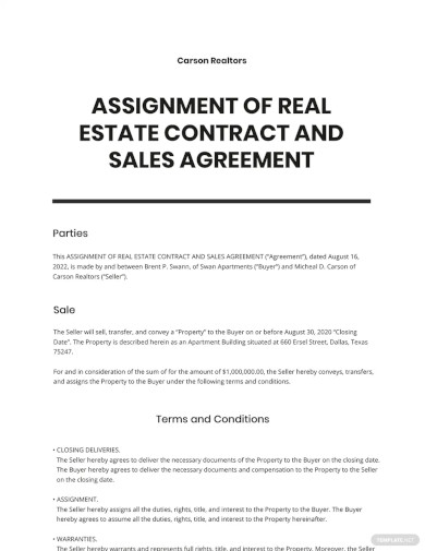 Assignment of Real Estate Contract and Sale Agreement Template