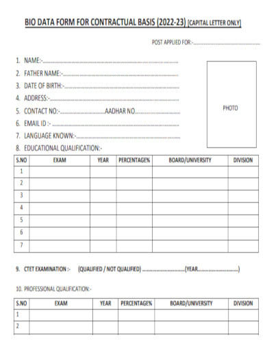 Bio Data Form For Contractual Basis