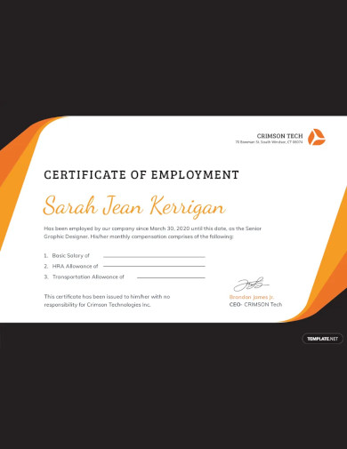 Certificate of Employment with Compensation Template