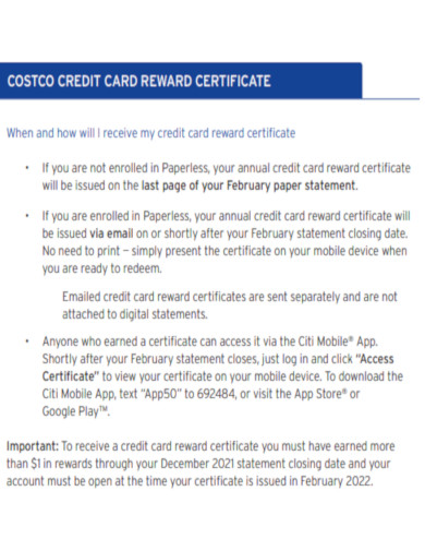 Costco Credit Card Reward Certificate