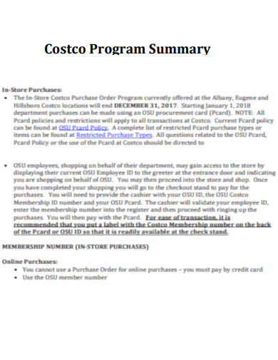 Costco Program Summary