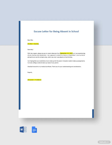 Free Excuse Letter for Being Absent in School Template