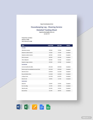 Free Housekeeping Log Cleaning Service Detailed Tracking Sheet Template