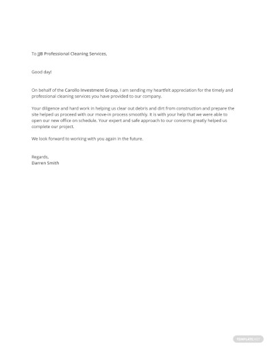 Free Letter of Appreciation for Cleaning Service Template