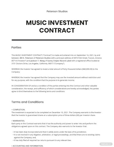 Free Music Investment contract Template