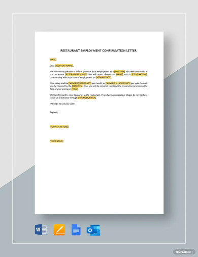 Free Restaurant Employment Confirmation Letter Template