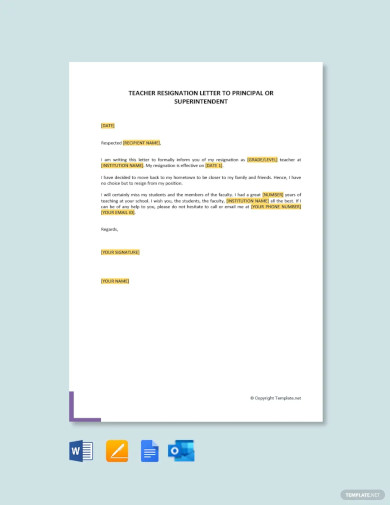 Free Teacher Resignation Letter to Principal or Superintendent Template