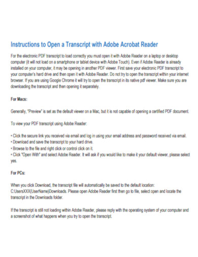 Instructions to Open a Transcript with Adobe Acrobat Reader