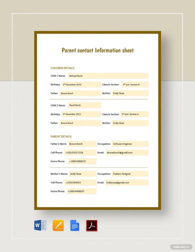 Parent Contact Information Sheet Template