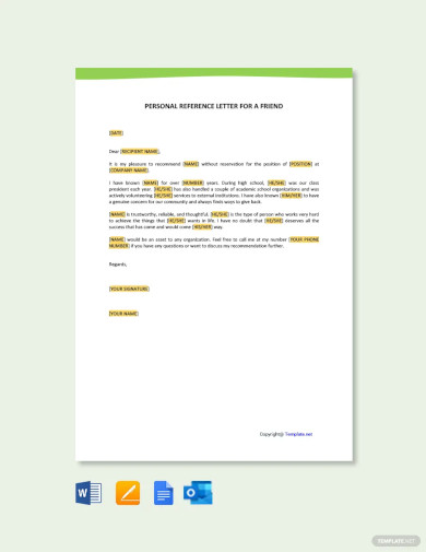 Personal Reference Letter For a Friend Template