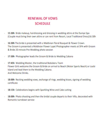 Renewal of Vows Schedule