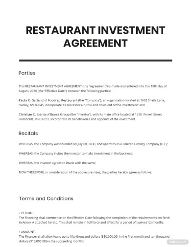 Restaurant Investment Agreement Template
