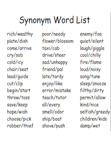 Synonym Word List