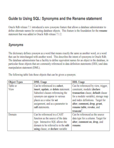 Synonyms and the Rename Statement