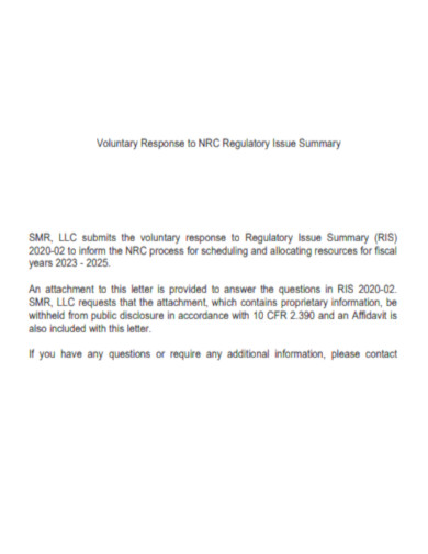 Voluntary Response to Regulatory Issue Summary