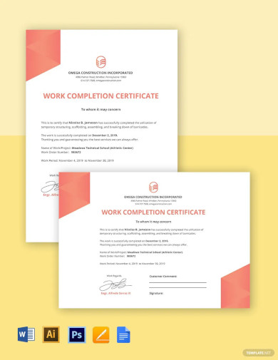 Work Certificate of Completion Template
