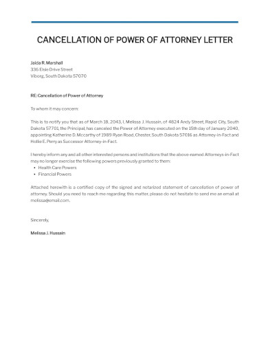 Cancellation of Power of Attorney Letter Template