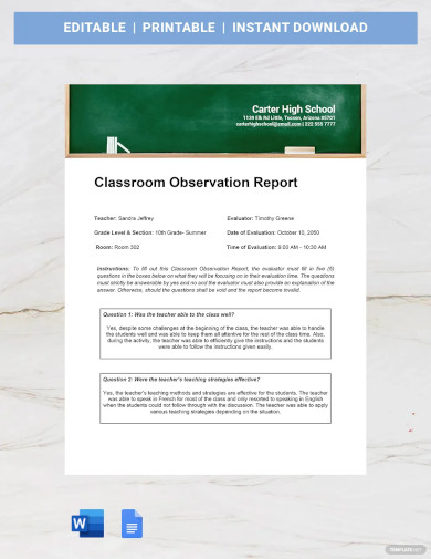 Classroom Observation Report Template