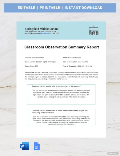 Classroom Observation Summary Report Template